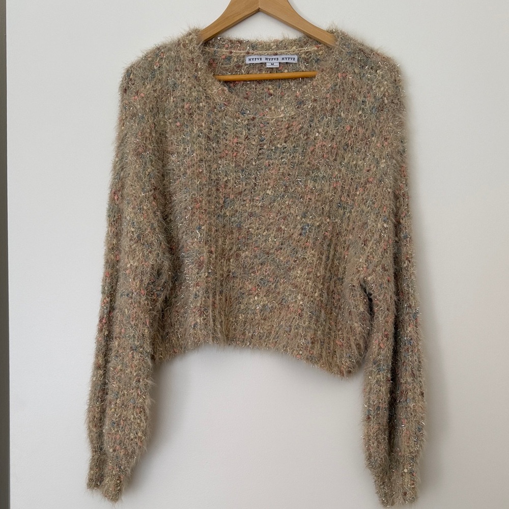 Fuzzy Multicolored Metallic Textured Beige Sweater Medium Spring